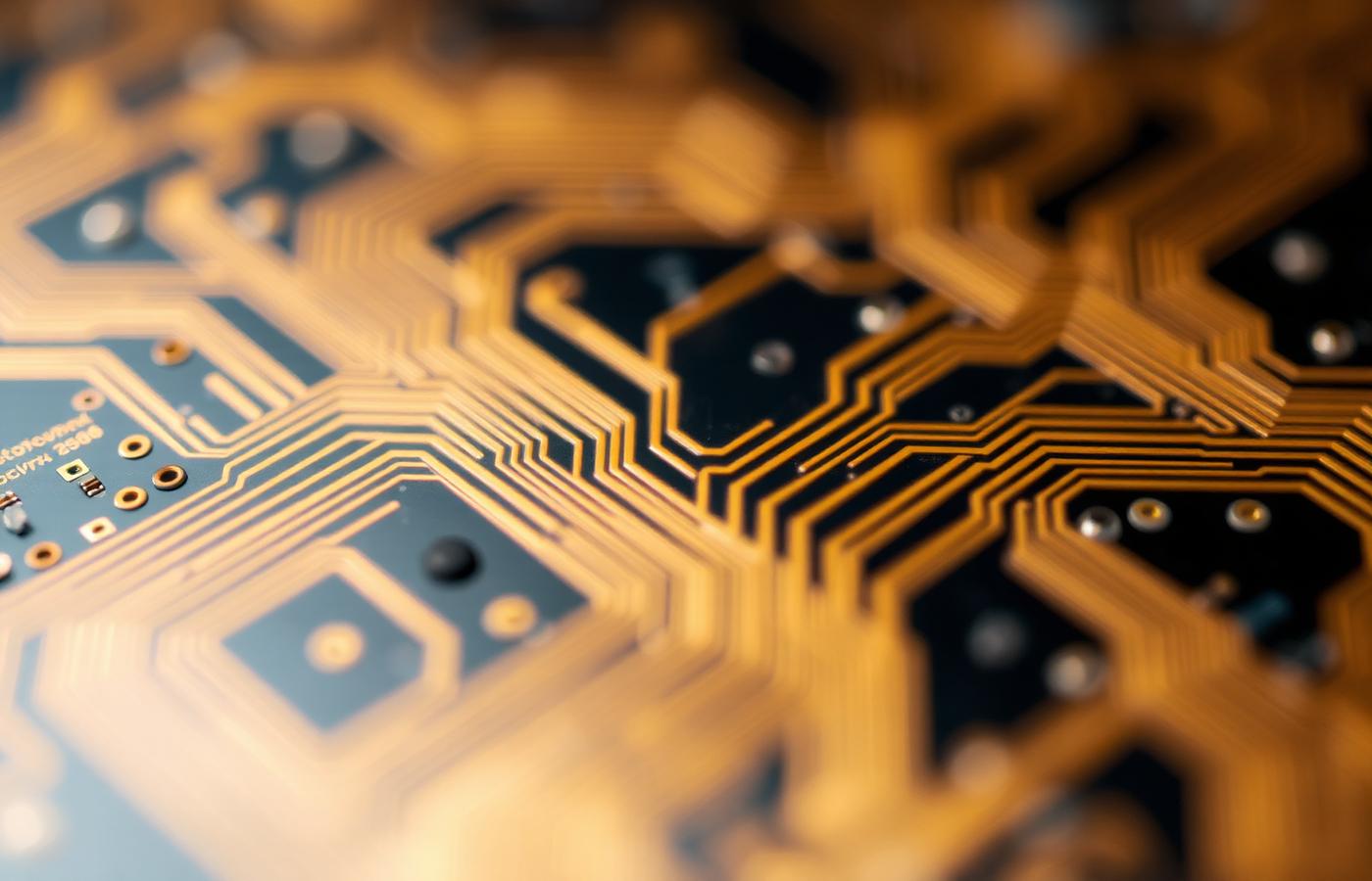 Extreme close-up of golden traces on a printed circuit board