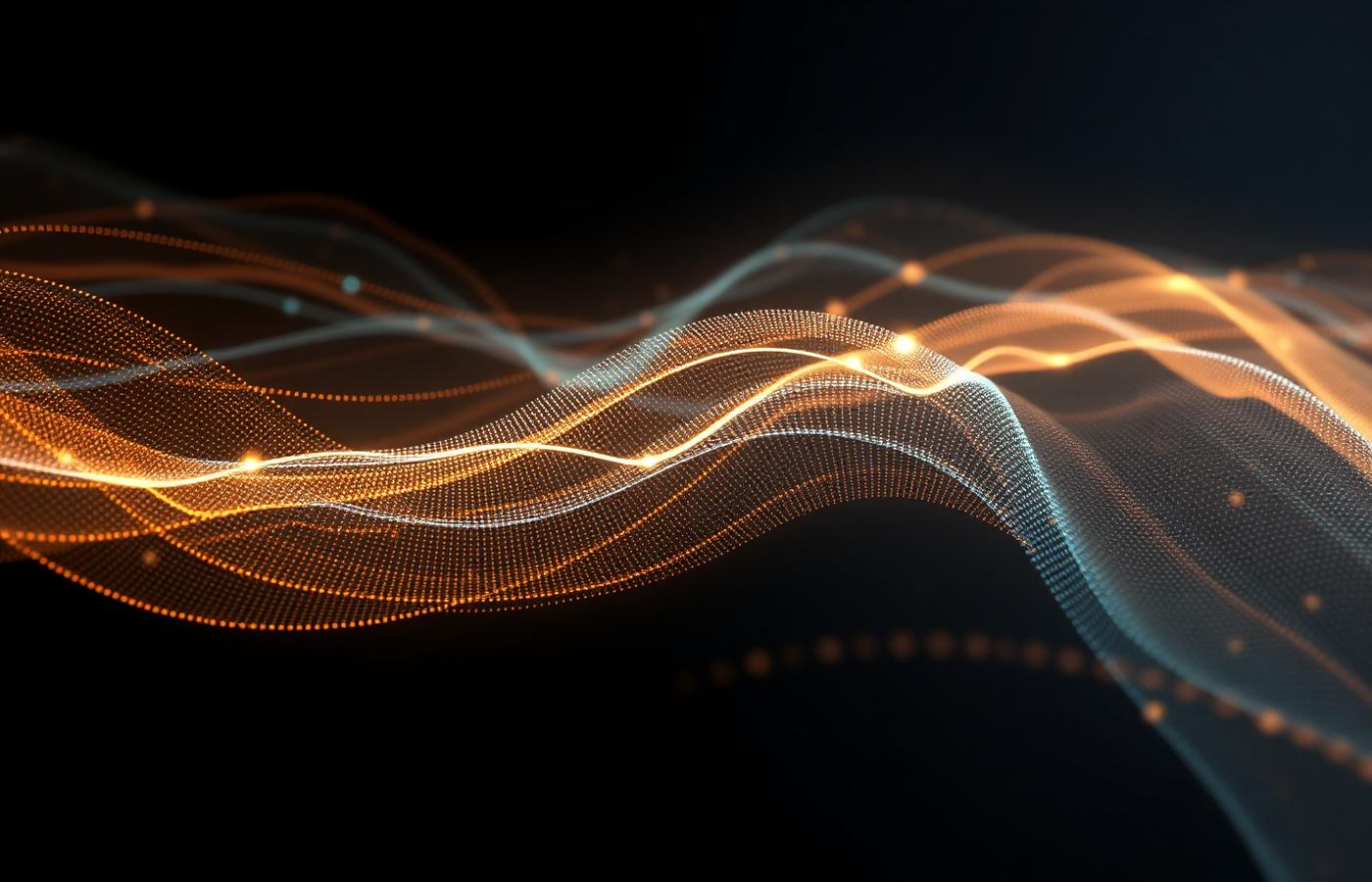 Abstract visualization of flowing data particles in amber and cyan
