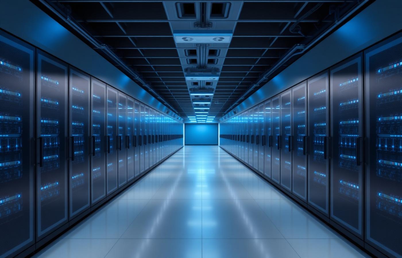 Long perspective view of a modern data center aisle with rack-mounted servers