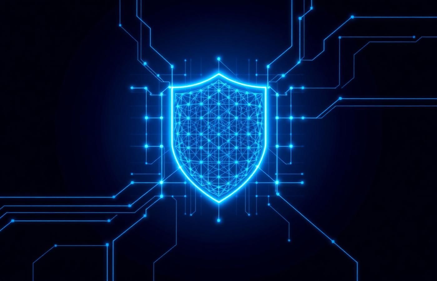Abstract cyan wireframe shield surrounded by circuit traces, representing cybersecurity