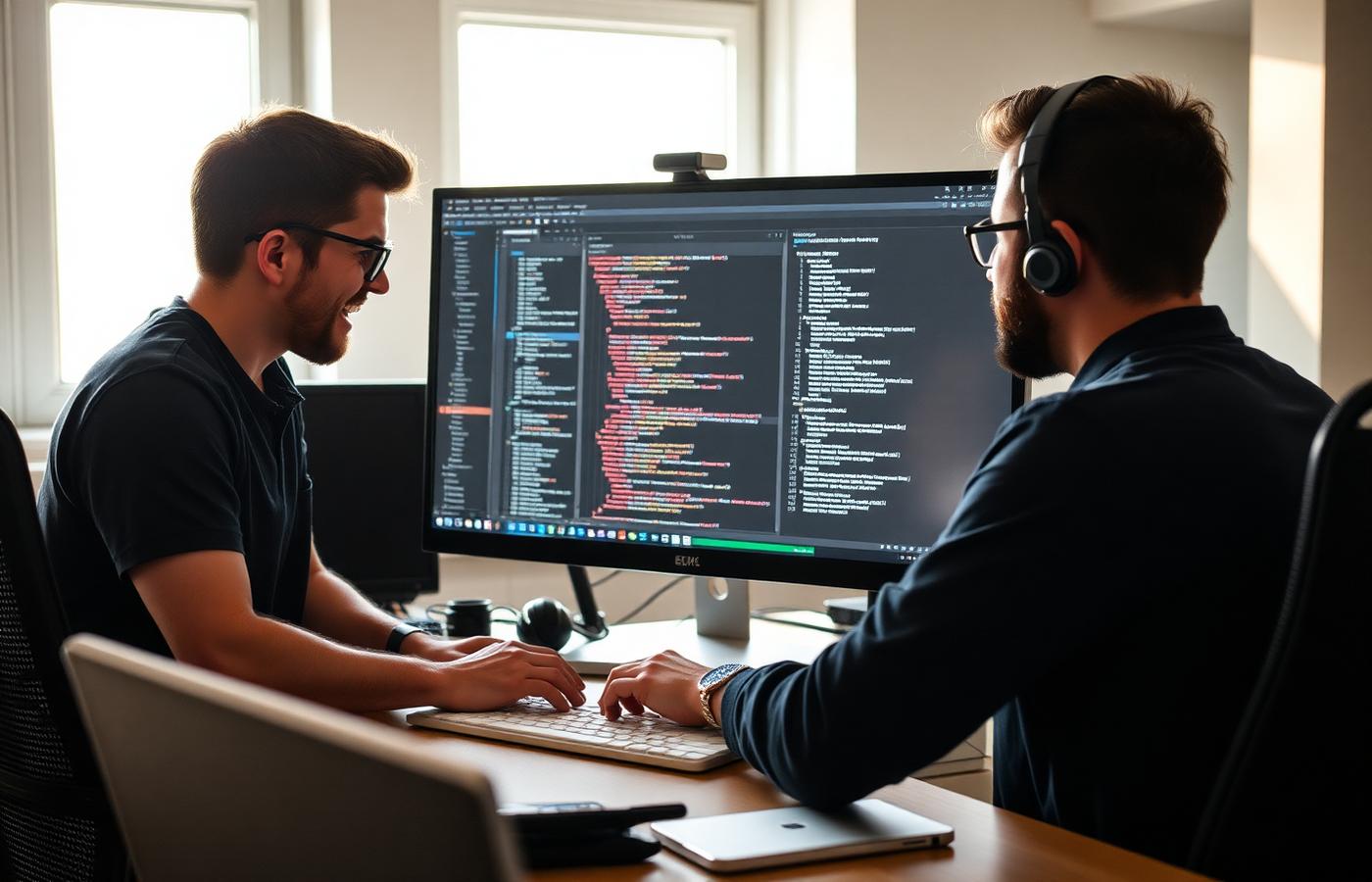 Two software engineers pair-programming in front of a large monitor