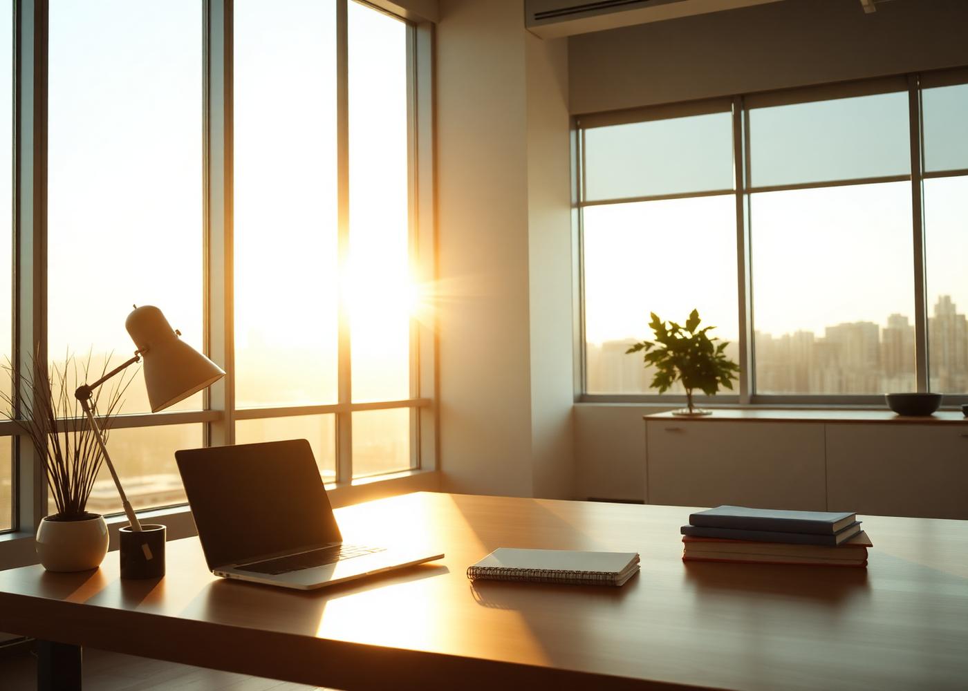 Quiet workspace with a laptop on a wooden desk, warm morning light through large windows